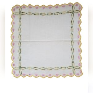 VTG Hand-Embroidered Pink, Green & Yellow Handkerchief